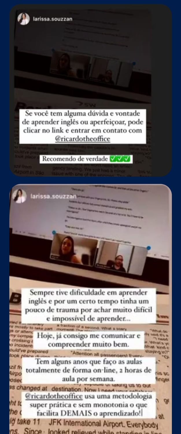 Larissa conta que tinha dificuldade e receio de aprender inglês. Depois das aulas online, diz que já consegue se comunicar e compreender muito bem e elogia a metodologia prática do Ricardo.