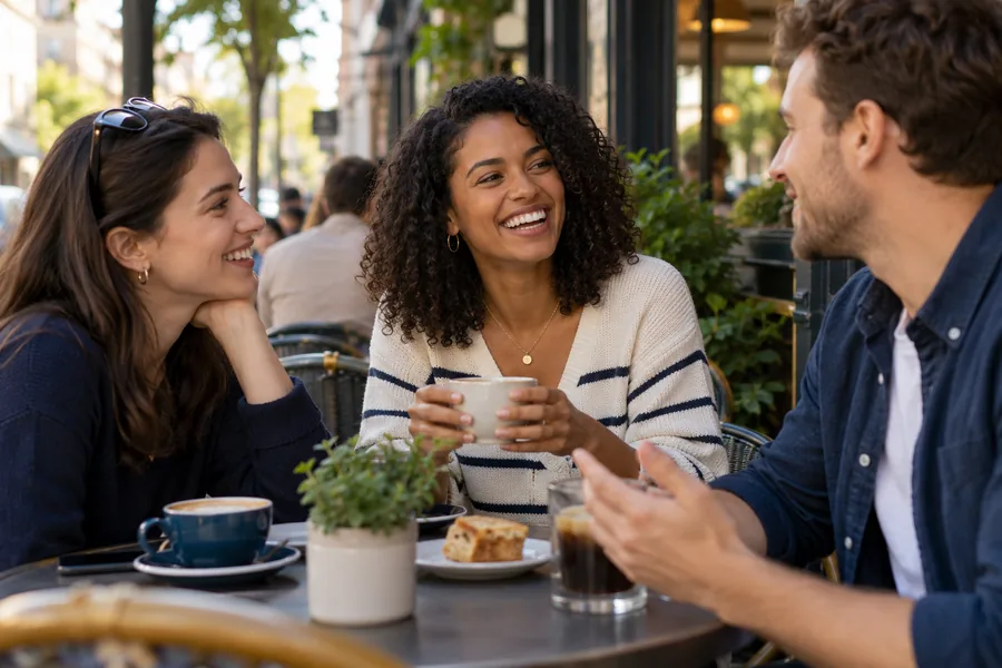 Amigos conversam em uma mesa ao ar livre.