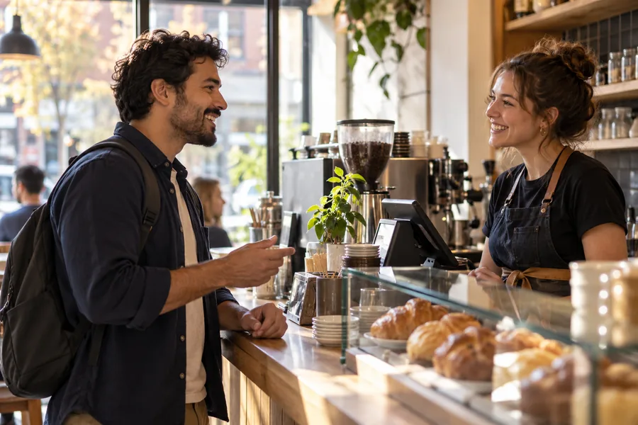 Cliente faz um pedido no balcão de um café.